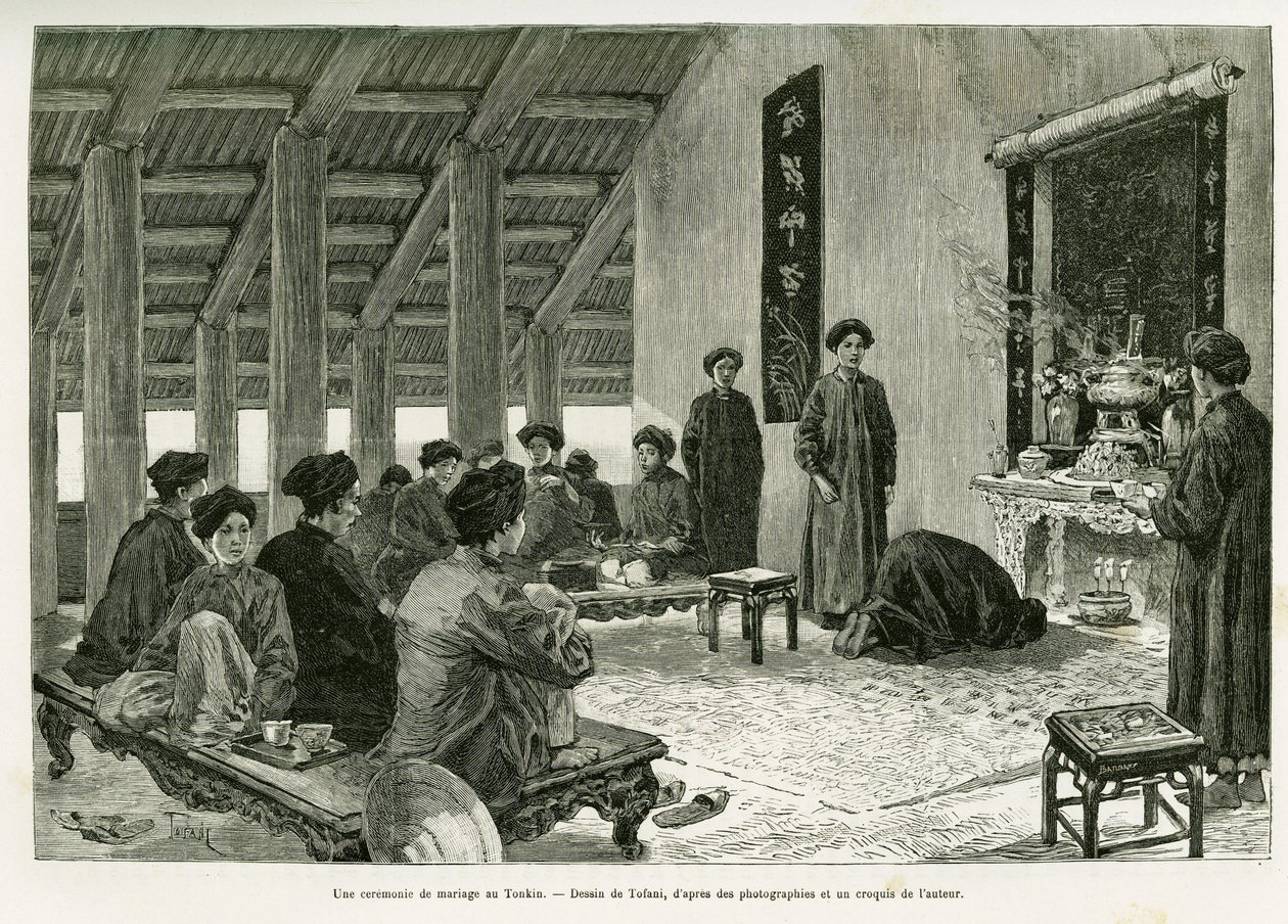 洞金的婚礼仪式。托法尼的版画，为1884年的故事《Trente mois au Tonkin》作插图，由Paul Hocquard博士于1890年在le tour du monde中创作，由Edouard Charton（1807-1890）指导，巴黎Hachette出版社。 作者 奥斯瓦尔多·托法尼（Oswaldo Tofani）