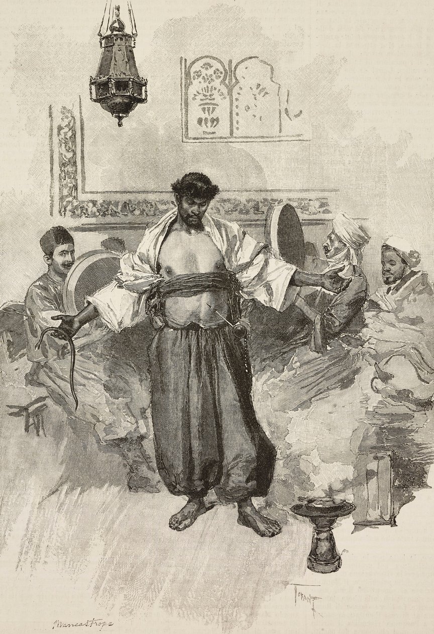 Aissawa 舞蹈，摩洛哥宗教兄弟会，在 1889 年法国巴黎万国博览会上，由 E Mancastroppa 雕刻，由来自 L