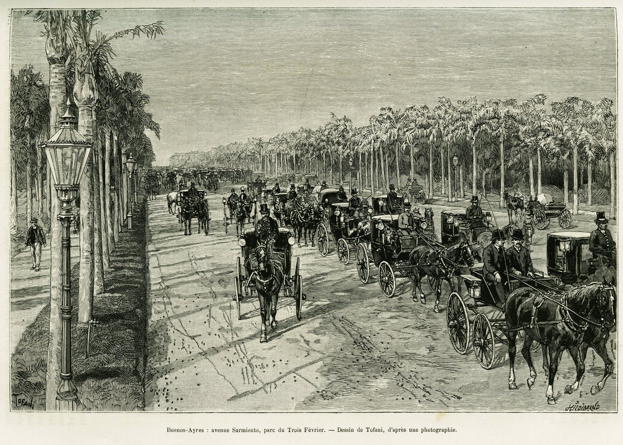 布宜诺斯艾利斯，萨米恩托大道，二月三日公园。托法尼的版画，为1886年的故事《拉普拉塔的旅行》作插图，作者是埃米尔-戴罗，收录在1888年的《世界之旅》中，由爱德华-沙特尔（1807-1890）导演，巴黎哈切特出版社。 作者 奥斯瓦尔多·托法尼（Oswaldo Tofani）