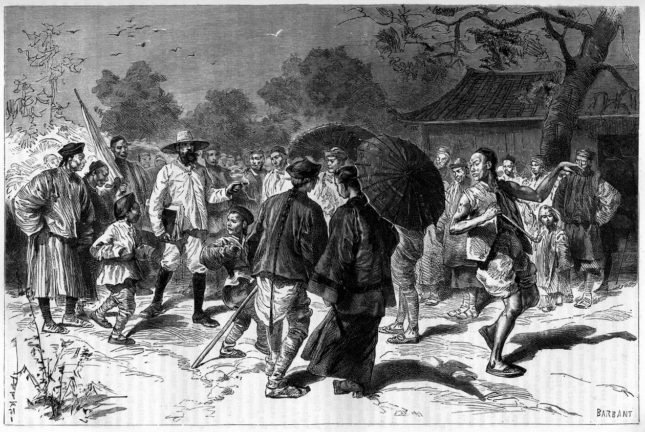 Piassetzky博士到中国旅行，总是有中国人陪伴。 托法尼绘制的版画，“世界之旅，新航海杂志”，Edouard Charton 编辑，巴黎 作者 奥斯瓦尔多·托法尼（Oswaldo Tofani）