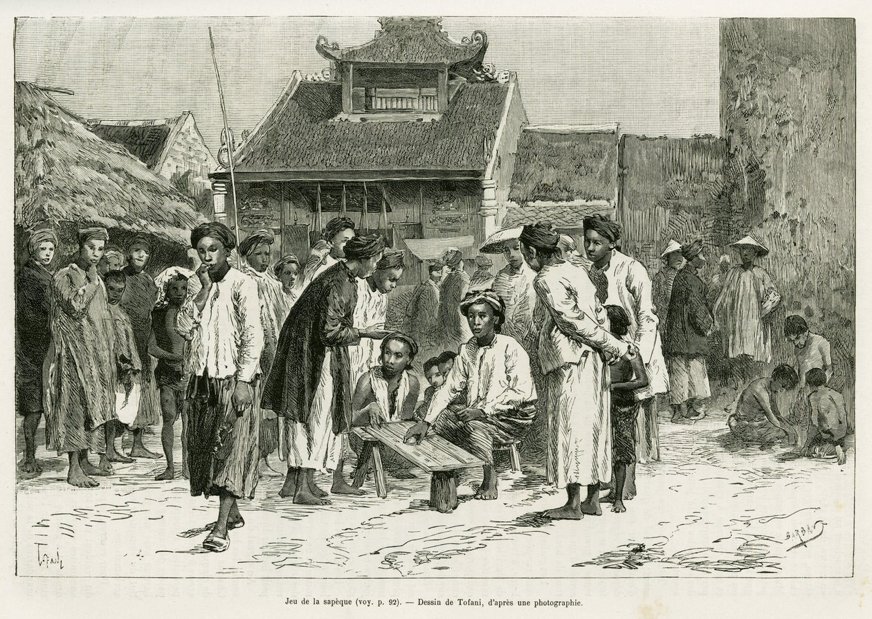 萨皮克的游戏。托法尼的版画，为1884年《Trente mois au Tonkin》的故事作插图，作者是Paul Hocquard博士，载于1890年《世界之旅》，由Edouard Charton（1807-1890）指导，巴黎Hachette出版社。 作者 奥斯瓦尔多·托法尼（Oswaldo Tofani）