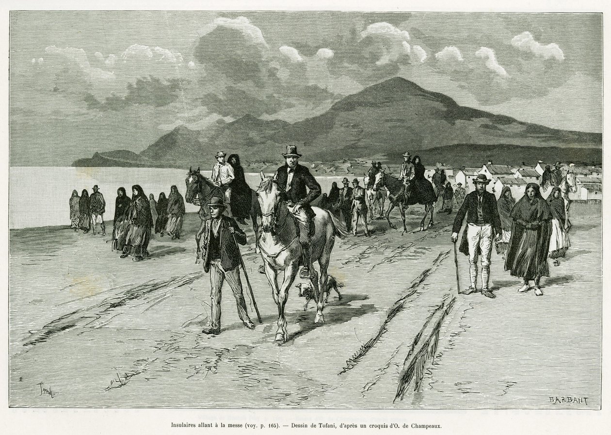 Islanders going to mass. Engraving by Tofani, to illustrate the story Trois mois en Irlande, in 1889, by Marie anne de Bovet, in le tour du monde 1890, directed by Edouard Charton (1807-1890), Hachette, Paris. 作者 奥斯瓦尔多·托法尼（Oswaldo Tofani）