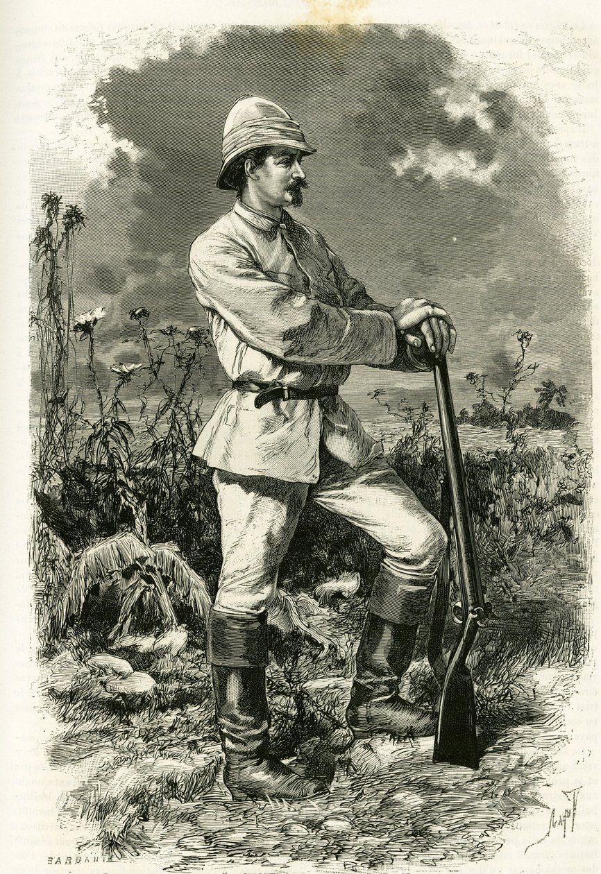 Portrait of Dr. Emile Holub, in an exploration suit, engraving by Tofani, to illustrate the story “Au pays des Marutses””, in 1875-1879, by Dr. Emile Holub (1847-1902). Published in the Tour du monde, 2nd semester 1883, edited by Edouard Charton (1807-1890 作者 奥斯瓦尔多·托法尼（Oswaldo Tofani）