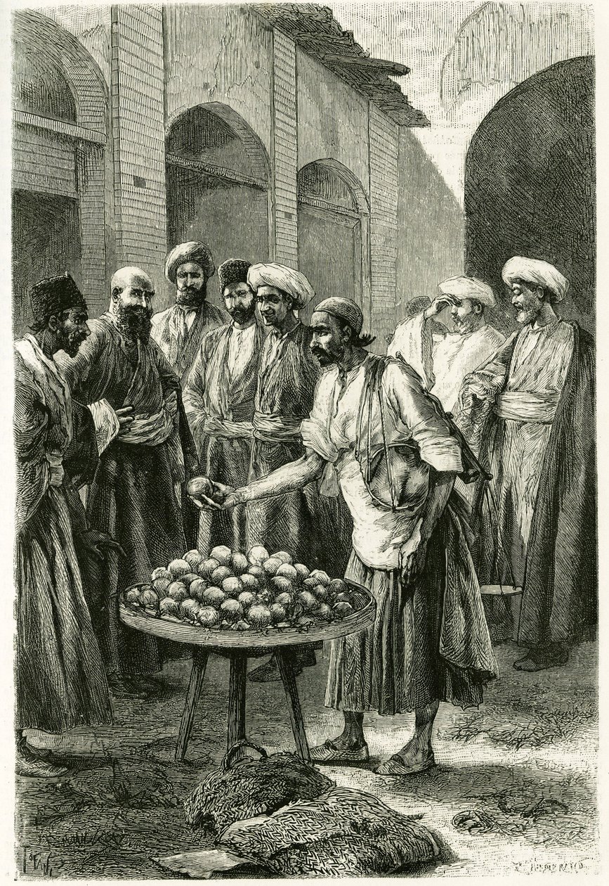 Kachan（或Kashan，德黑兰省，今伊朗）的渔商。 托法尼从照片中雕刻，以说明 1881 年至 1882 年间的故事“波斯、迦勒底和苏珊娜”，作者 Jane Dieulafoy（nee Magre 作者 奥斯瓦尔多·托法尼（Oswaldo Tofani）