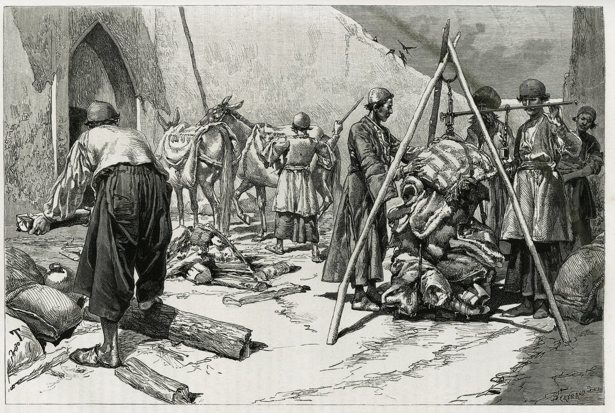 德拉福伊新娘探险队出发前的行李称重。托法尼的雕版画，为 "波斯、查尔迪和苏西阿尼 "的故事作插图 作者 奥斯瓦尔多·托法尼（Oswaldo Tofani）