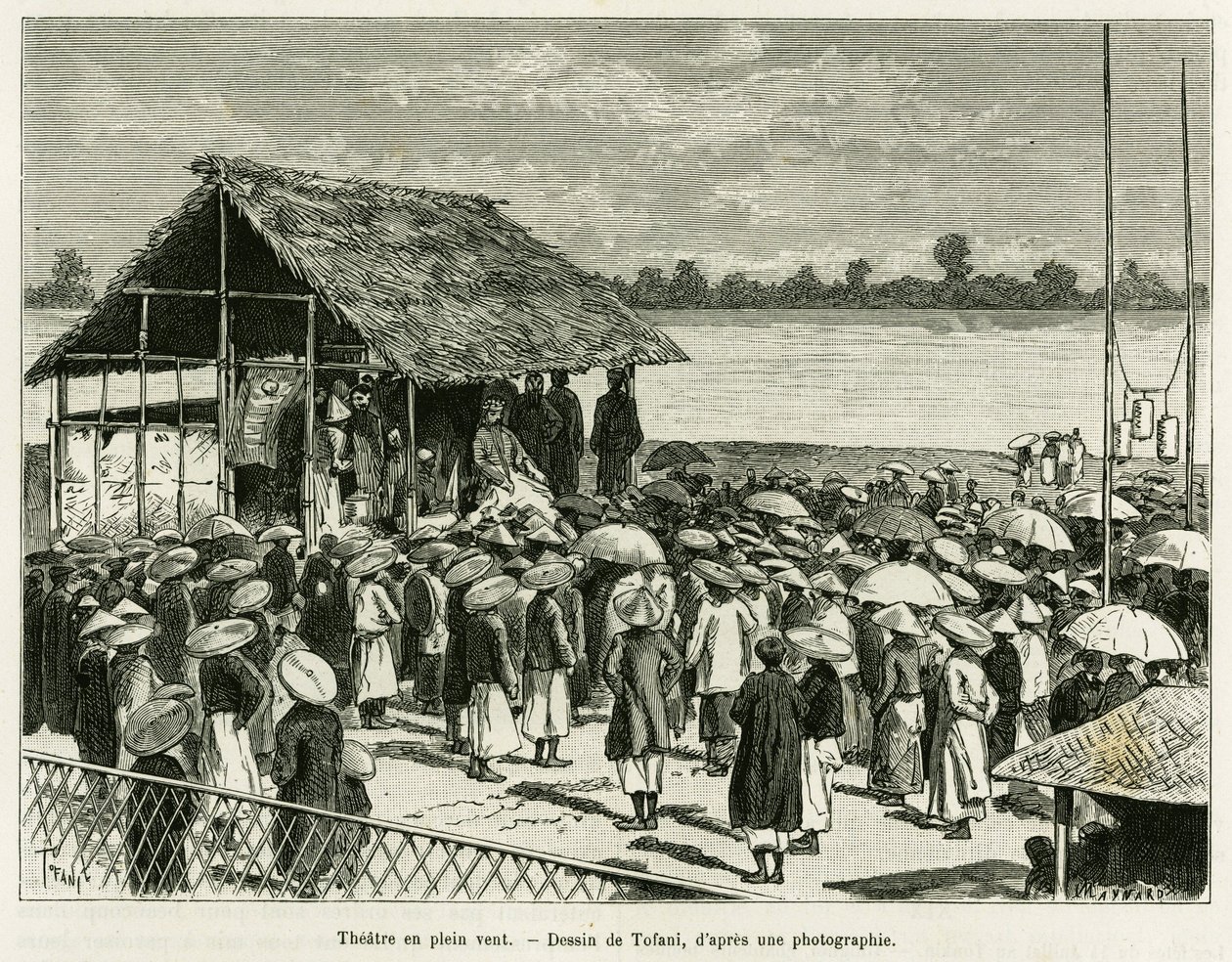 风中的剧场。 托法尼 (Tofani) 在一张照片后雕刻，以说明 Trente mois au Tonkin 的故事，由 Paul Hocquard 博士于 1890 年在巴黎阿歇特 (Hachette) 的 Edouard Charton (1807-1890) 指导下在 le tour du monde 中创作。 作者 奥斯瓦尔多·托法尼（Oswaldo Tofani）