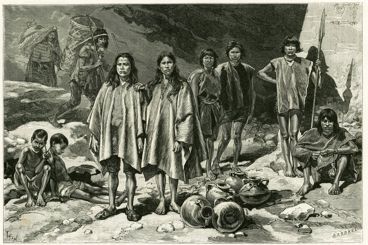 厄瓜多尔 Cordilleres 印第安人的类型，左侧，背景是 Nanegal 的 Yumbos，前景是 Lojanos，中间是几个 Zaparos，右侧是 Jivaros 战士。 Tofani 根据文件雕刻，以说明 stor 作者 奥斯瓦尔多·托法尼（Oswaldo Tofani）
