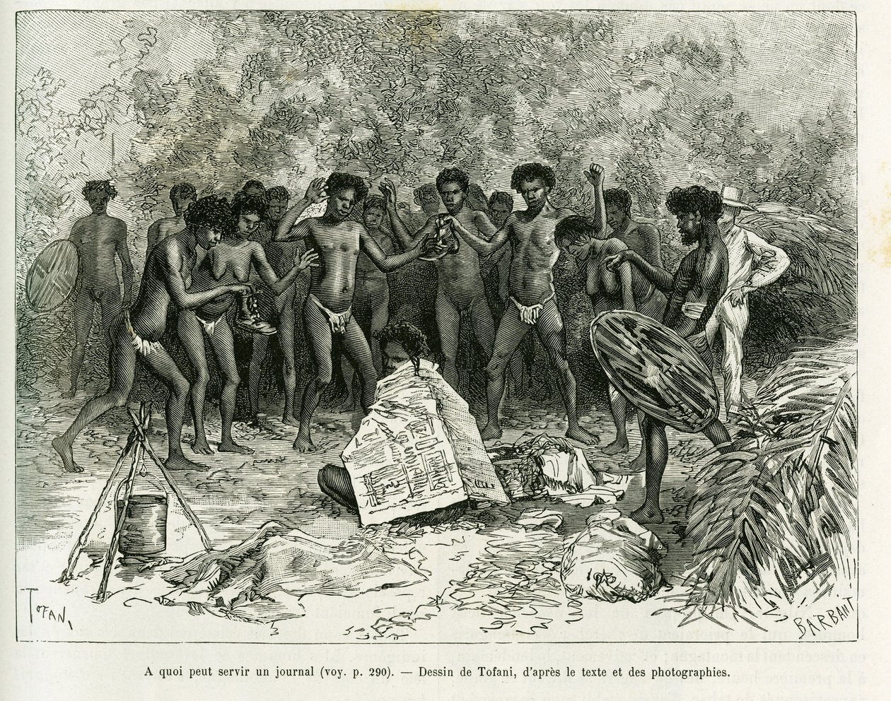 一份报纸可以用来做什么？托法尼的雕版画，为故事《Chez les cannibales, Voyage dans le nord-est de l