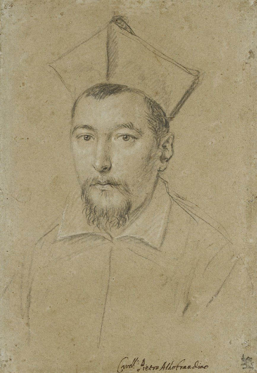 红衣主教Pietro Aldobrandini的肖像（黑色粉笔，白色单调，蓝灰色纸上加高） 作者 奥塔维奥·马里奥·莱昂尼