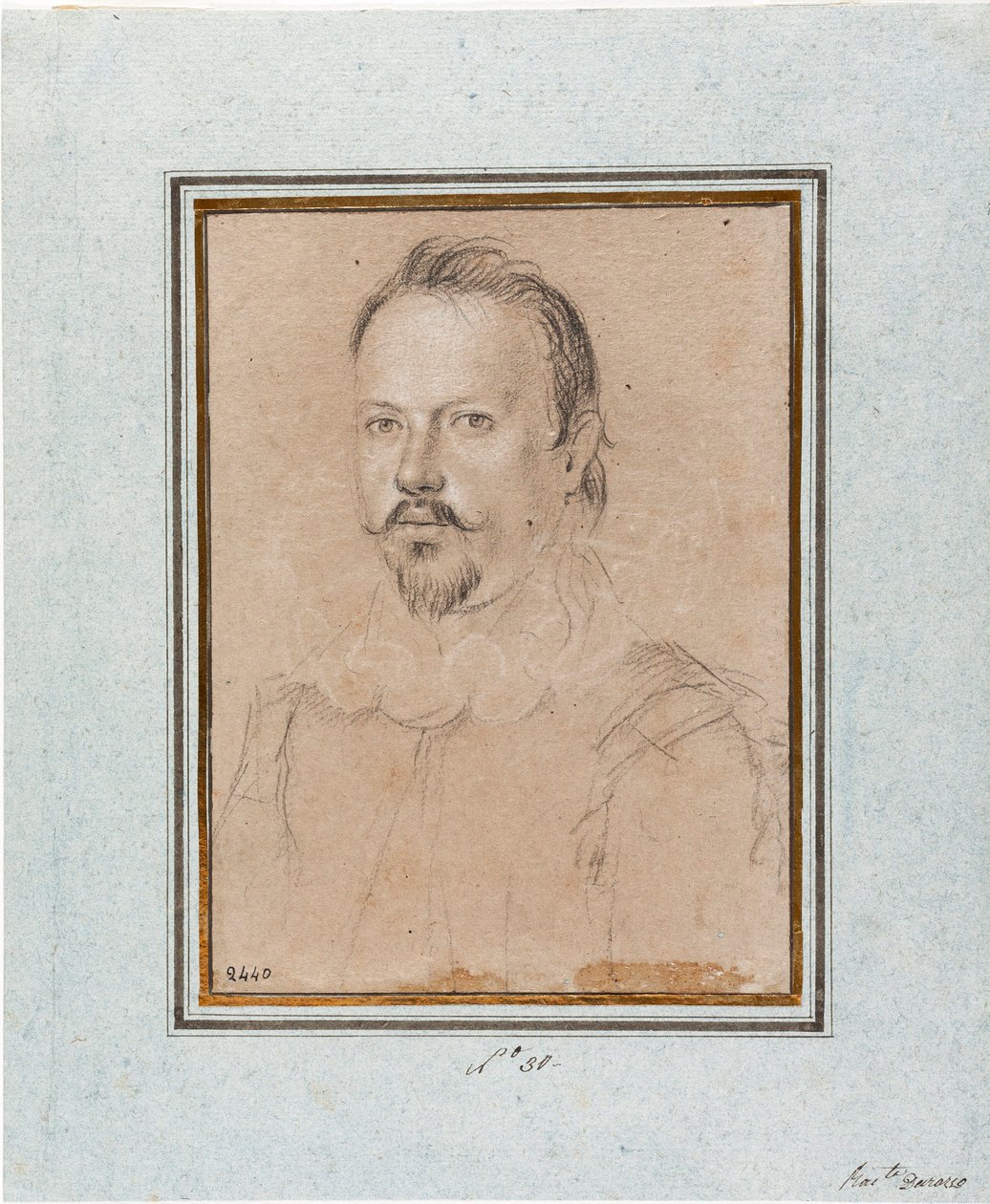 曼图亚公爵冈萨格的文森特一世肖像 (Vincenzo I Gonzaga, 曼图亚公爵) (1562-1612) Ottavio Leoni (1578-1630) 的画作，Genes，Musei di Strada Nuova，inv 2440 作者 奥塔维奥·马里奥·莱昂尼