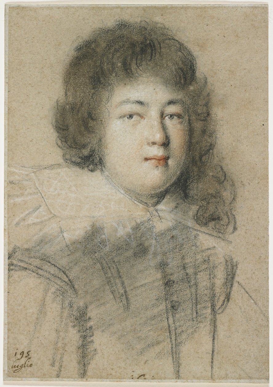 青春期男孩的肖像，1621年（褪色棕色纸上的红色，黑色和白色粉笔） 作者 奥塔维奥·马里奥·莱昂尼