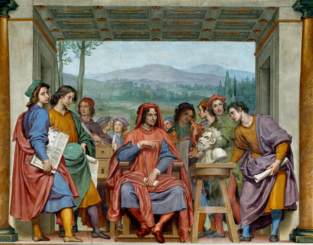 Laurent de Medici (1449-1492) (Laurent the Magnificent: Lorenzo il Magnifico) 坐在佛罗伦萨艺术家的中间 他很欣赏米开朗基罗 (Michelangelo, Michel Ange) 的一个动物群。 Ottavio Vannini (1585-1643) 的壁画。 约1635萨拉 作者 奥塔维奥·范尼尼（Ottavio Vannini）