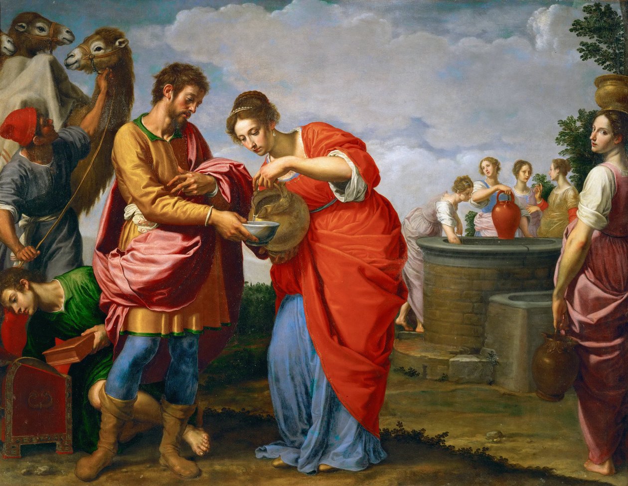 Rebecca and Eliezer at the Well - Ottavio Vannini (1585-1643). Oil on canvas, c. 1626. Dimension : 120x154 cm. Art History Museum, Vienne 作者 奥塔维奥·范尼尼（Ottavio Vannini）