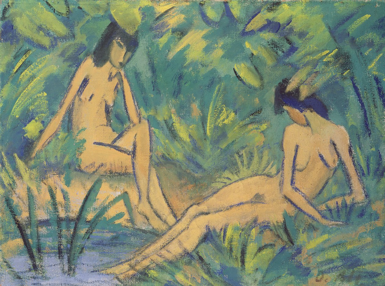 女孩坐在水边，c.1920（粗麻布上的蛋彩画） 作者 奥托穆勒