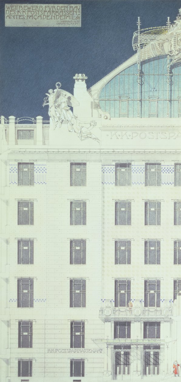 邮局储蓄银行，维也纳，设计显示门面的细节，c.1904-06（彩色铅笔） 作者 奥托·瓦格纳（Otto Wagner）