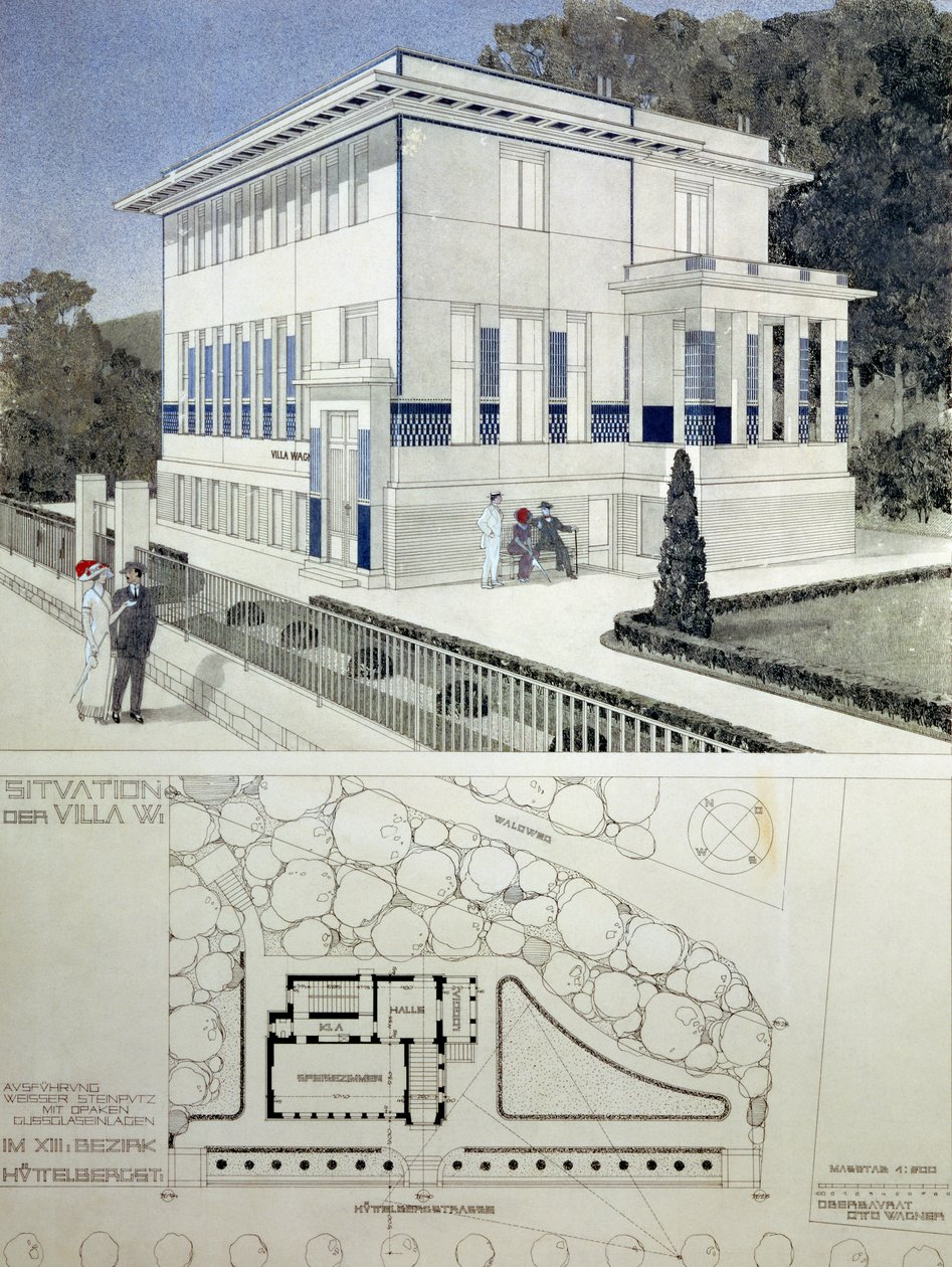 Villa Wagner，维也纳，设计展示了房屋的外观，由严格的几何风格的钢和混凝土建造，深蓝色镶板和钉头装饰，下面是房子和gr的计划 作者 奥托·瓦格纳（Otto Wagner）