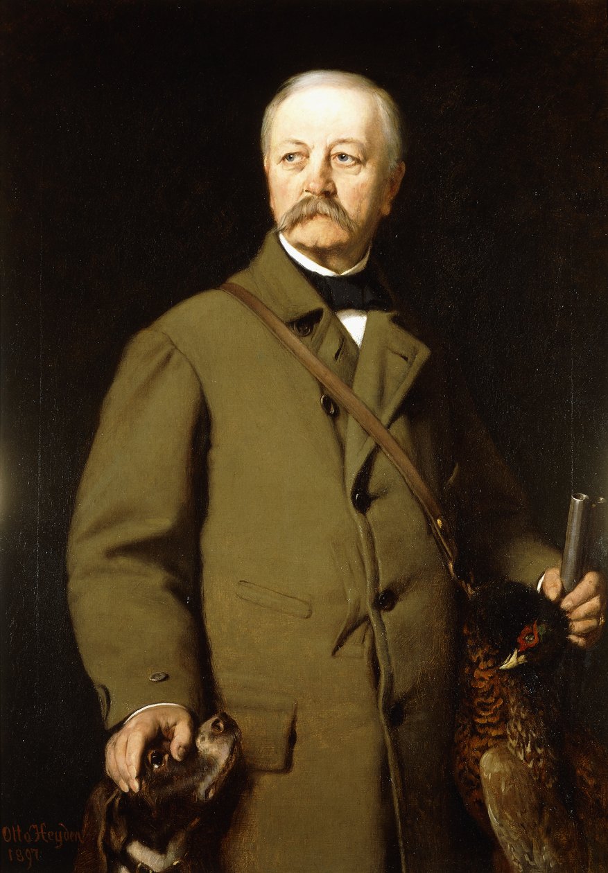 奥托·冯·s斯麦（Otto von Bismarck）穿着与他的狗和野鸡的狩猎服的肖像，1897年 作者 奥托·约翰·海因里希·海登
