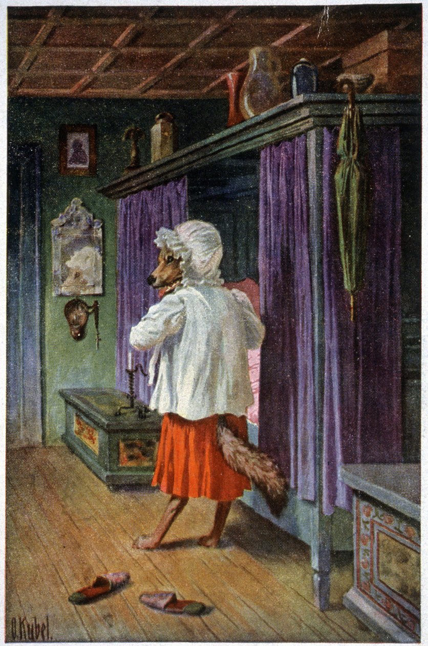 《祖母》中的狼伪装，c.1910（明信片） 作者 奥托·库贝尔