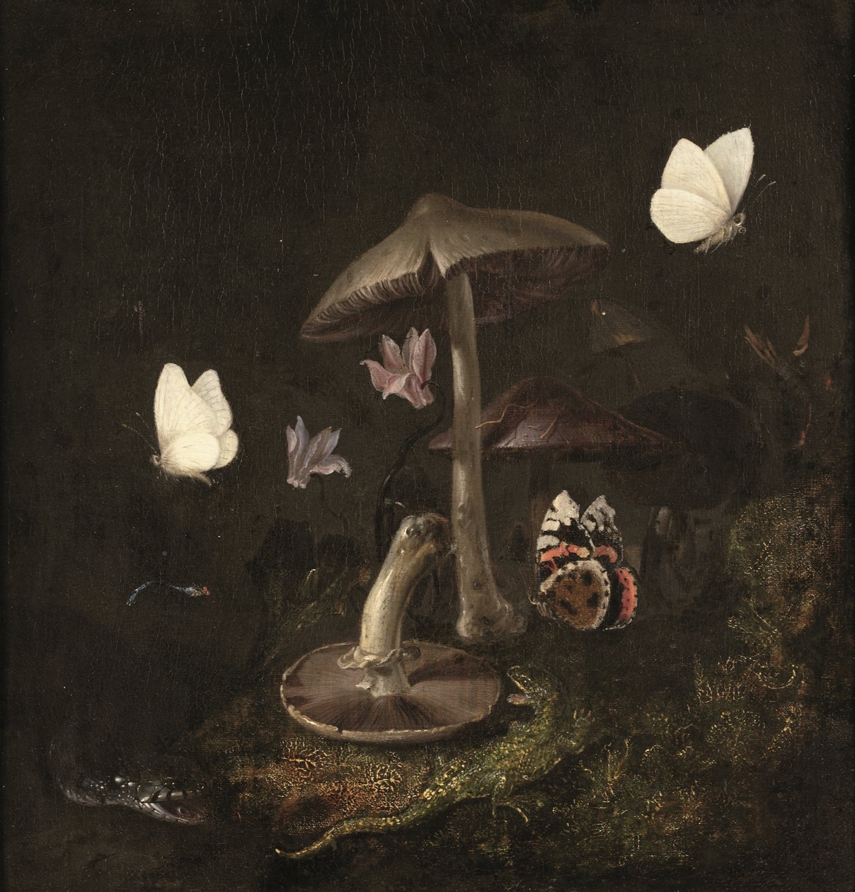 画有蘑菇、蝴蝶、蜻蜓、蛇和蜥蜴的 "草地"（布面油画） 作者 