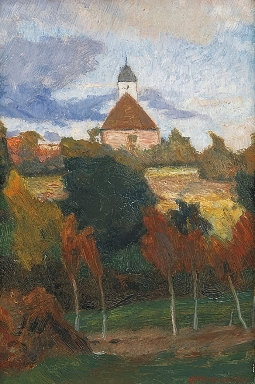 Worpswede教堂的看法。约于1895年 作者 奥托·莫德森（Otto Modersohn）