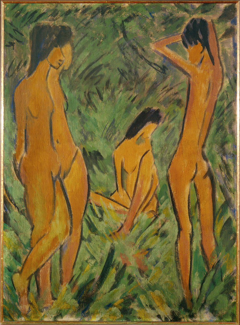 两个女孩面前的男孩，一个站着，一个坐着（麻布上的虫蛀病） 作者 奥托·穆勒或穆勒