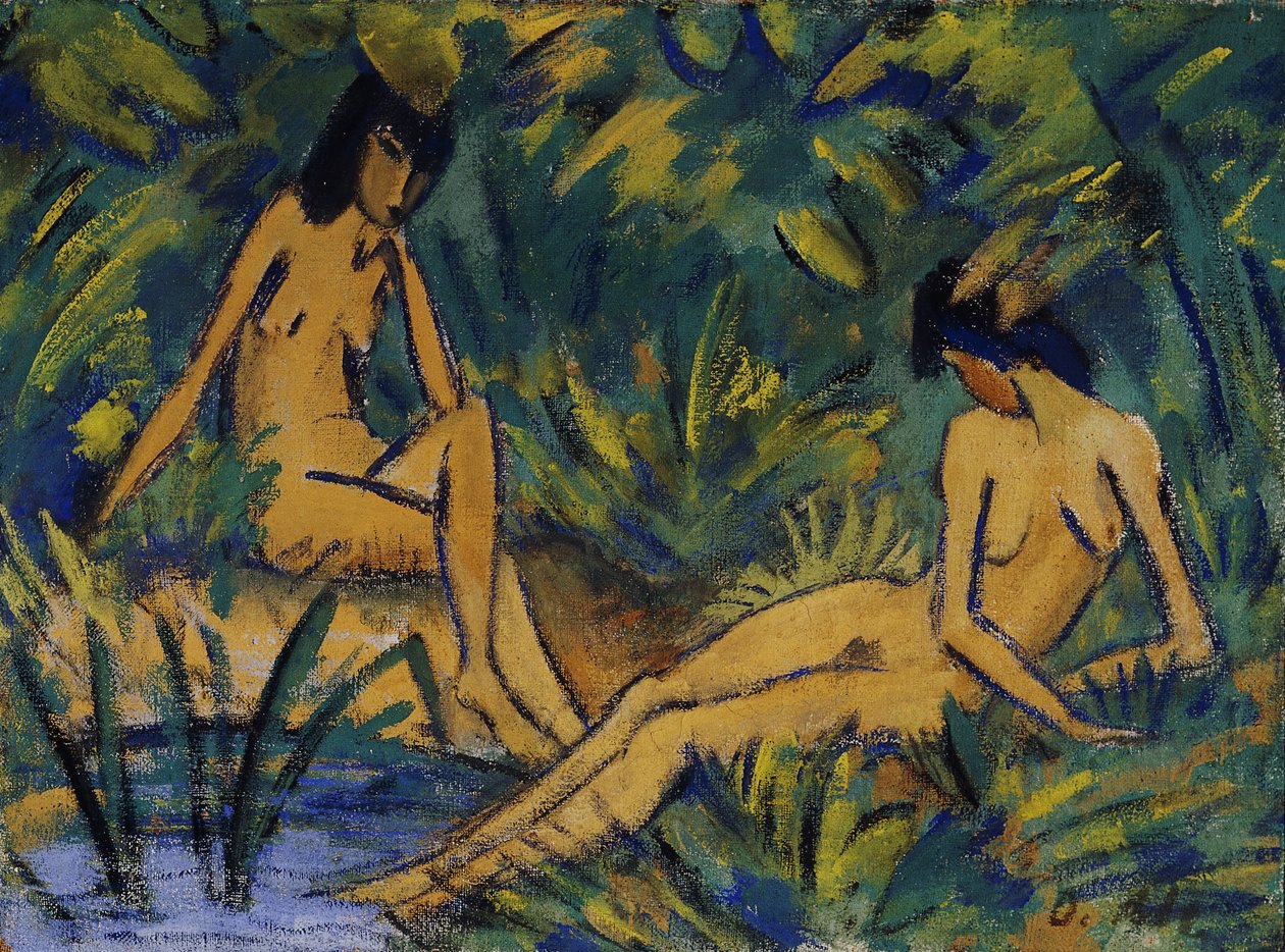坐水的妇女；坐在水边的女孩，c。 1914-16 作者 奥托穆勒