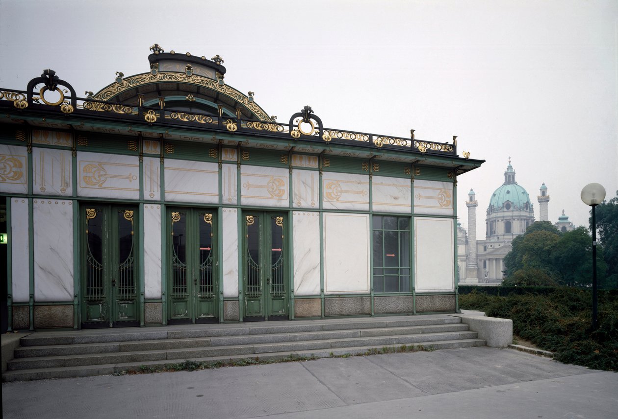 新艺术：建筑师奥托-瓦格纳（1841-1918）（维也纳分离派）制作的卡尔斯广场地铁站（现在的咖啡馆）的展馆景观 1894-1899 奥地利维也纳 作者 奥托·瓦格纳（Otto Wagner）