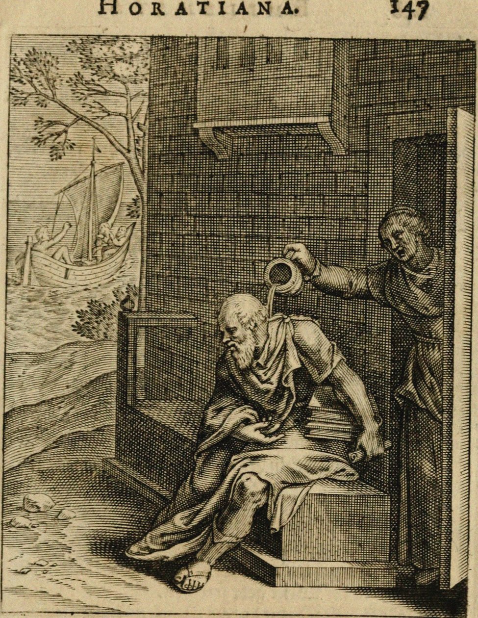 Xanthippe在Socrates上清空了一个便壶。摘自Emblemata Horatiana，1607年 作者 奥托·范·维恩