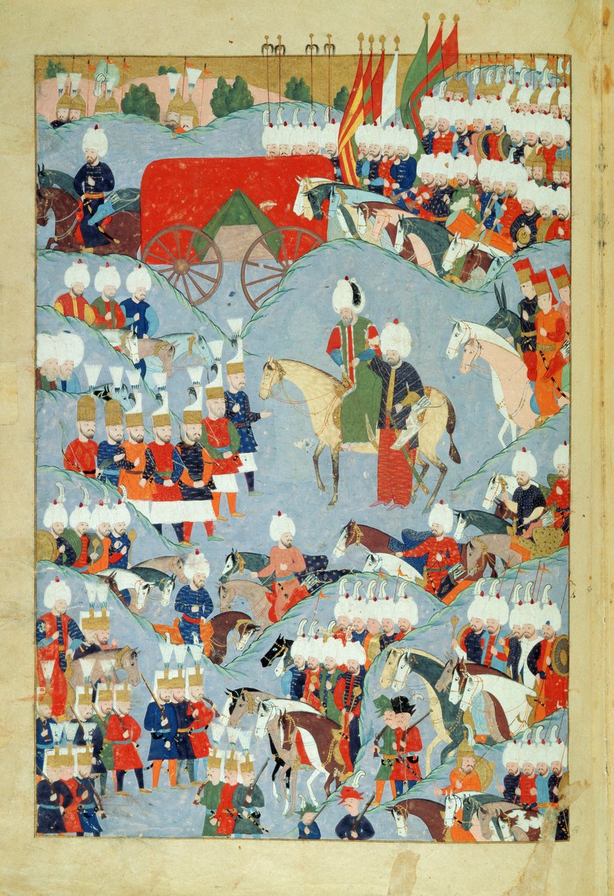 CBL T 413 fol.46a由他的Vizir支持的Ailing Sultan，来自Sultan Suleyman the Magnificent的历史，1579 作者 奥斯曼帝国学校