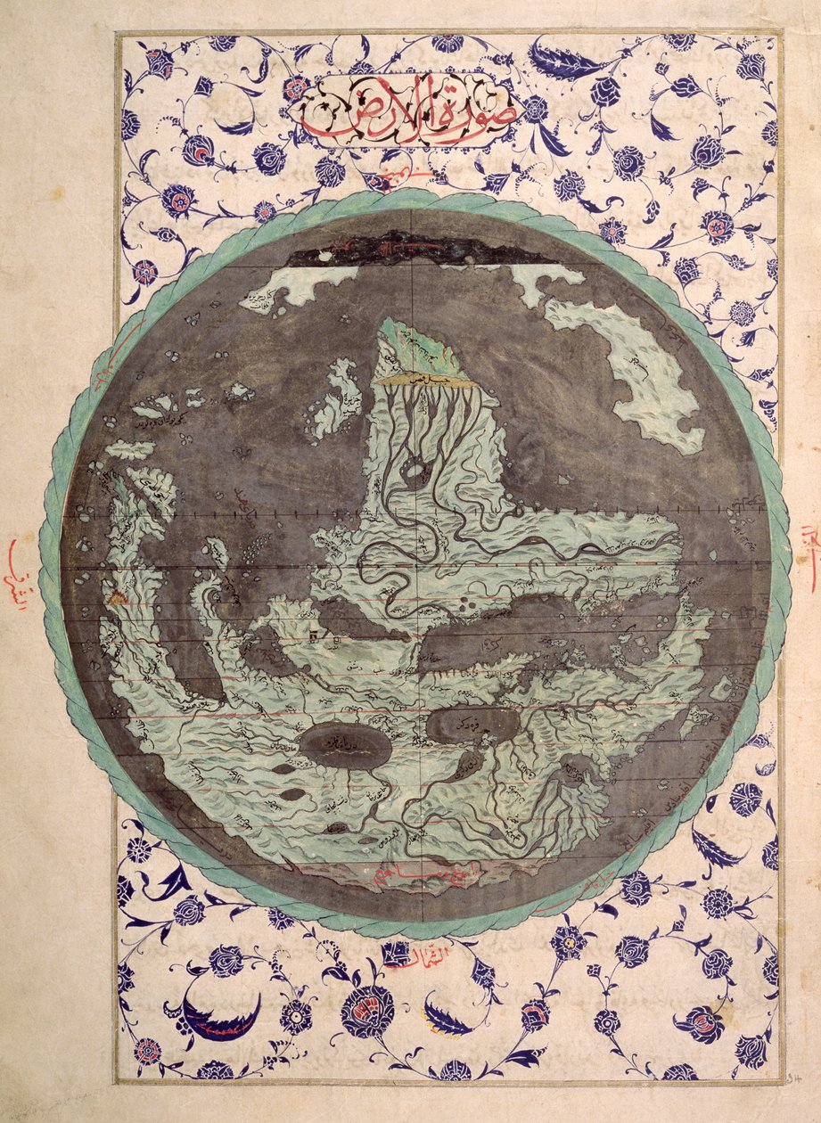 CBL T.414 fol.34a世界地图，来自Zubdat al-Tawarikh的复制品，16世纪后期的历史之霜 作者 奥斯曼帝国学校