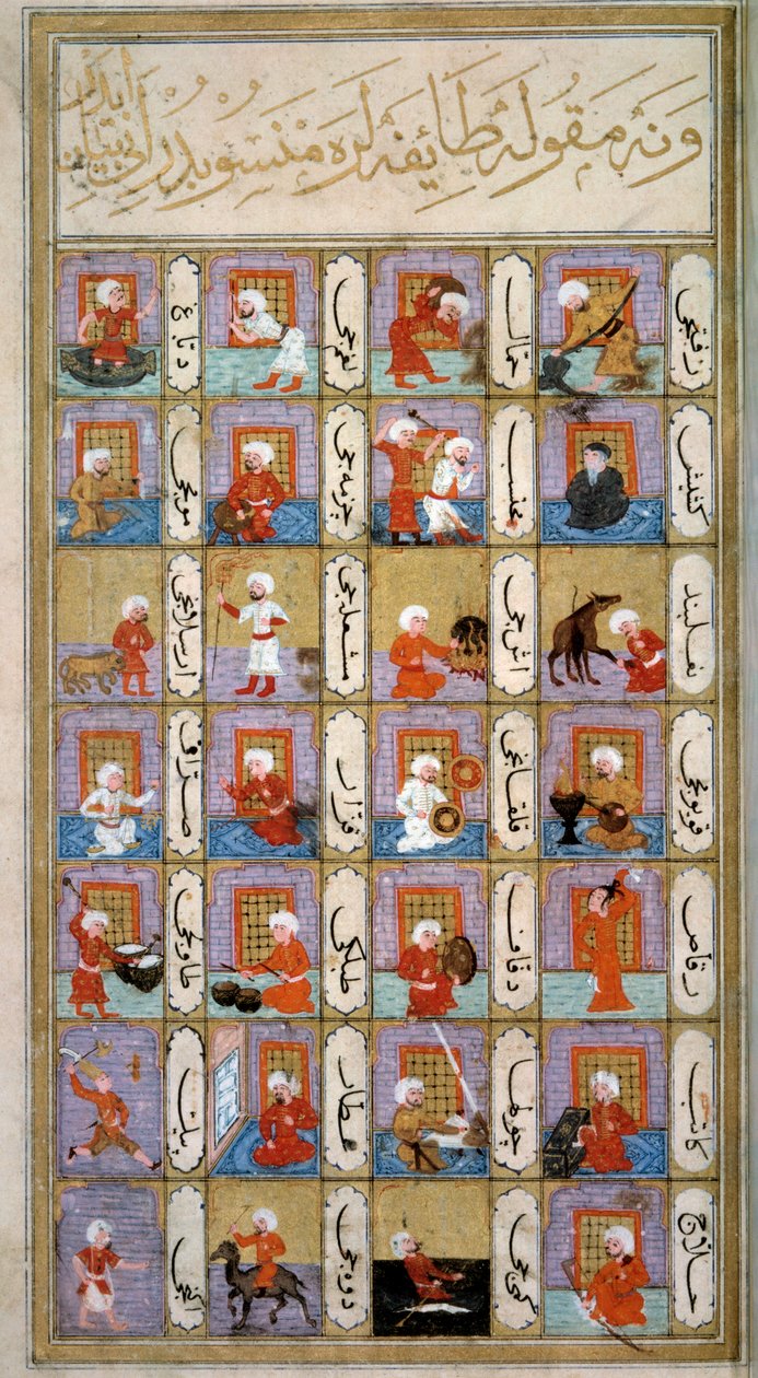 Astrology: representation of the different activities of man according to the planets: musician, carpenter, weaver, camel maker, copyist, painter, tailor. Miniatiure from the Ottoman manuscript 242 “” Matali 