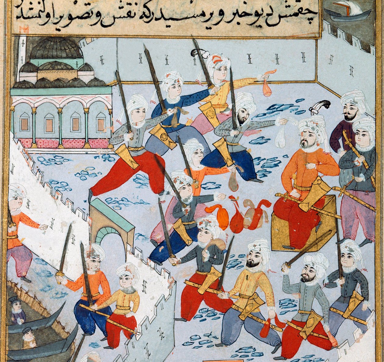 攻占君士坦丁堡：1453年，奥斯曼帝国苏丹穆罕默德二世（Mehmed II the Conquerant或Muhammad II Fatih）（1430-1481）的军队在金角湾围攻君士坦丁堡城。15世纪的微型画。伊斯坦布尔托普卡匹-萨拉伊博物馆图书馆 作者 奥斯曼帝国学校