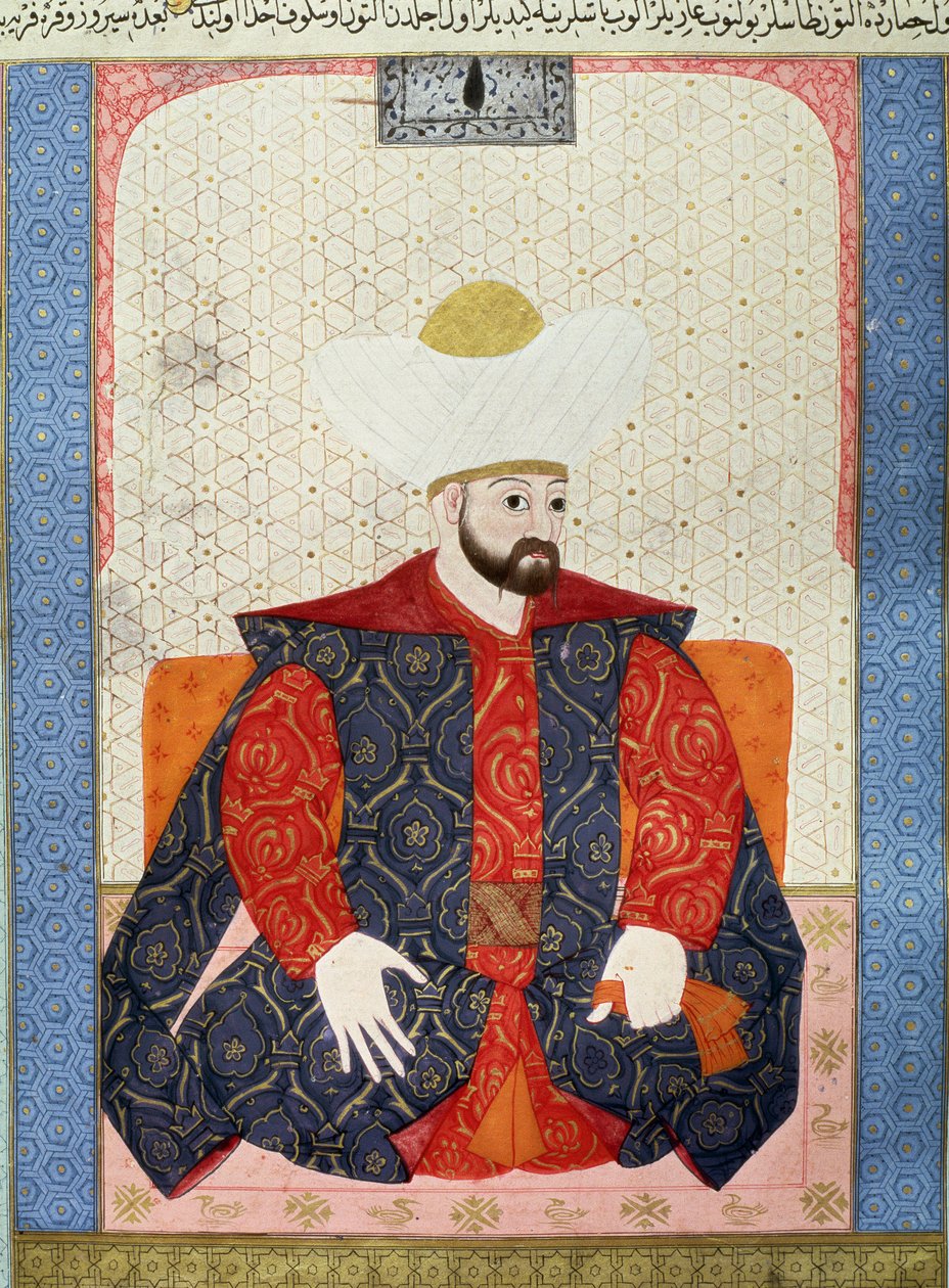 奥斯曼帝国："奥斯曼苏丹穆拉德一世（1326-1389）的肖像"，来自历史学家赛义德-罗克曼-阿舒里1538年的手稿（1973年女士，对开页62a）"Zubdatat-al-Tawarikh"（故事的奶油）的微型画。土耳其和伊斯兰艺术博物馆 作者 奥斯曼帝国学校