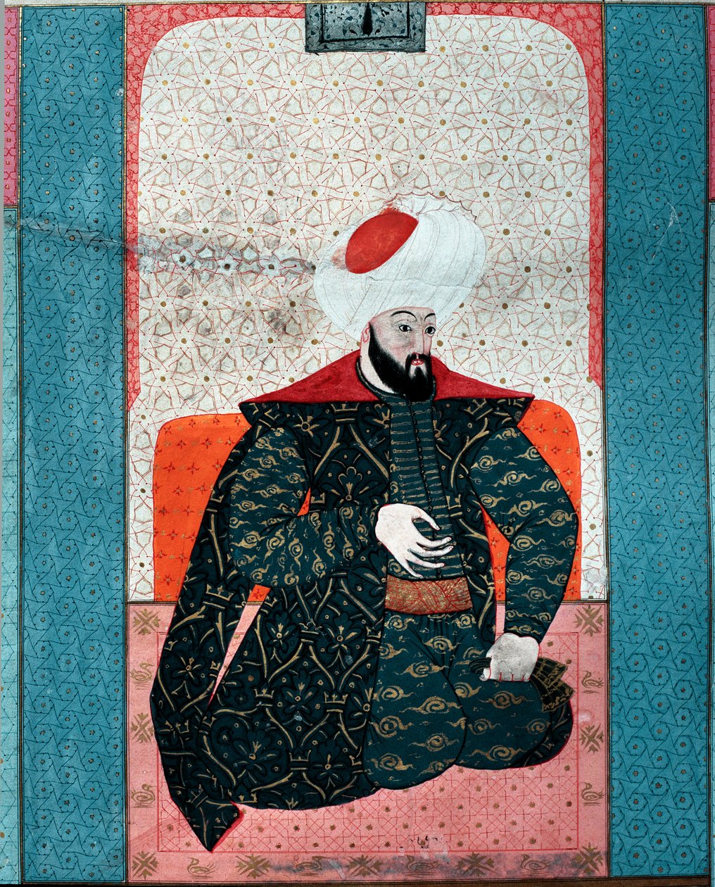 奥斯曼帝国：“”苏丹奥斯曼一世肖像（Osman Gazi rahimahu llah）（1258-1326）”“Zubdat al Tawarikh”的缩影”（Ms. 1973，fol. 59a），Seyyyd Lokman Ashuri 1583 年伊斯兰伊斯坦布尔，土耳其语 美术博物馆 作者 奥斯曼帝国学校