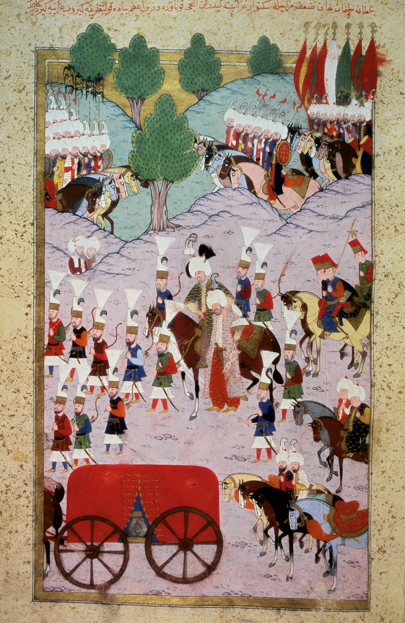 Ottoman Empire: representation of Sultan Soliman (Suleyman) I said the magnificent (1520-1566) and his army. Miniature from “Hunername” by Lokman, vol. 1 (H 1523, f.7) 1584 Topkapi Sarayi Museum Library Istanbul 作者 奥斯曼帝国学校