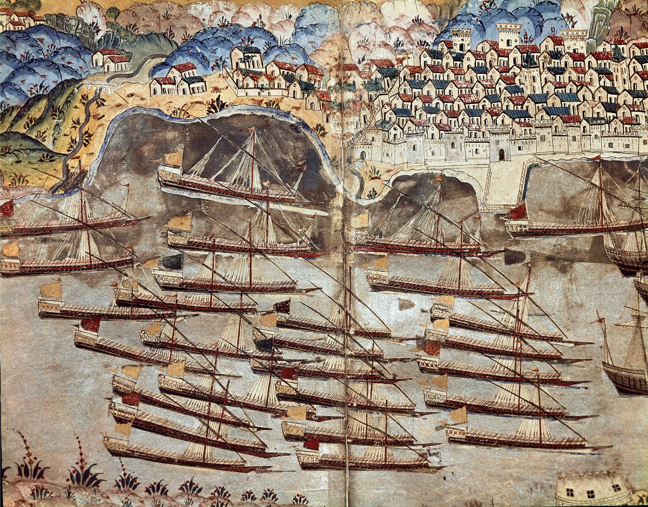 奥斯曼帝国：巴贝罗萨（Khizir Khayr ad-din (Barbaros Hozor Hayreddin Pasha or Pasa or Chair ad Din, Chaireddin or Cheireddin) (1466-1546), 私掠者的舰队代表，面向尼斯市。取自阿里菲的《Suleymanname》的微型画 作者 奥斯曼帝国学校