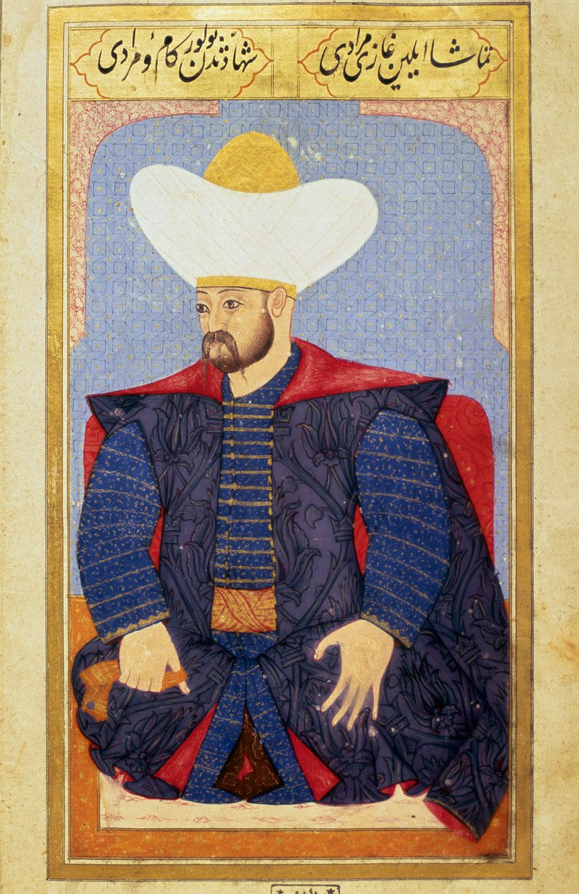 奥斯曼帝国苏丹穆拉德一世 (1326-1389) 的肖像，来自 Seyyid Lokman Hussein 手稿“人类相貌（关于奥斯曼人的个人安排）”的缩影。 （ty6087 对开 27b 女士） 作者 奥斯曼帝国学校