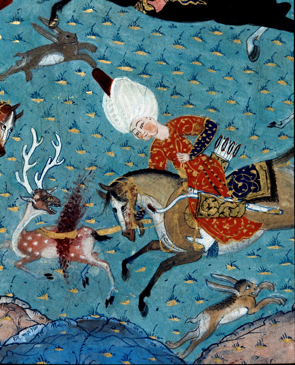苏丹穆拉德二世（穆拉特）（1404-1451）的朝臣们狩猎鹿和野兔的代表图。 17 世纪的缩影。 伊斯坦布尔，托普卡匹萨拉伊博物馆图书馆 作者 奥斯曼帝国学校