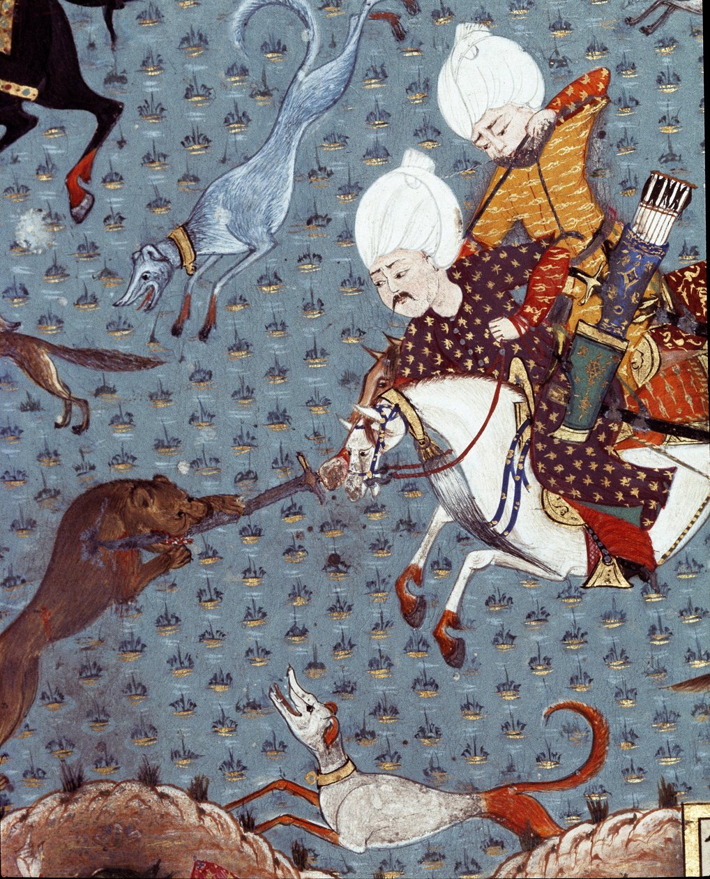苏丹穆拉德二世（穆拉特）（1404-1451）的朝臣们狩猎小鹿细节的代表。 17 世纪的缩影。 伊斯坦布尔，托普卡匹萨拉伊博物馆图书馆 作者 奥斯曼帝国学校