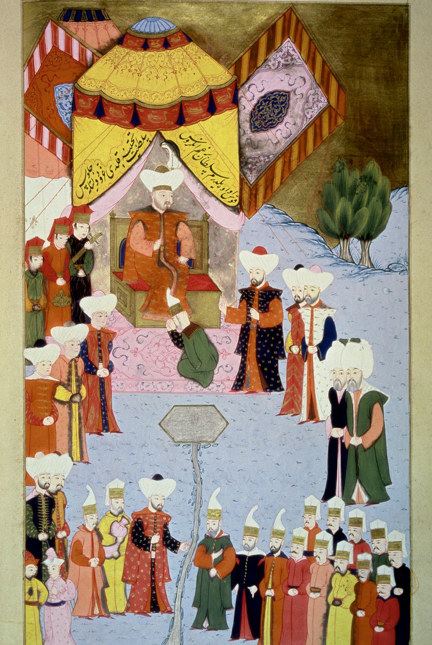 Sultan Bayezid（或 Bajazet）一世（1360-ca. 1402）从 Lokman 的“Hunername”卷。 1 (H 1523, f.7) 1584 Topkapi Sarayi Museum Library 伊斯坦布尔 作者 奥斯曼帝国学校