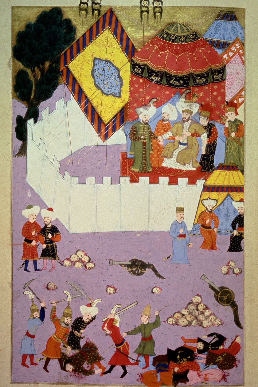 苏丹穆拉德一世（1326-1389）被塞尔维亚骑士米洛斯-奥比利奇（Kobilic或Kobilovic）（死于1389年）在科索沃战役中刺杀，此前奥斯曼人对塞尔维亚人取得了胜利。 微型画来自洛曼的 "Hunername"，第一卷（H 1523，f.7） 1584年至 作者 奥斯曼帝国学校
