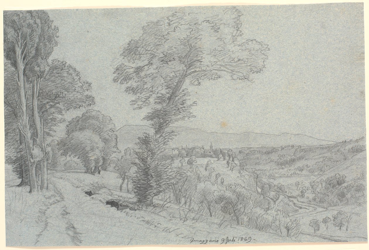 意大利山景，眺望 "1869 年 7 月 9 日的热纳扎诺"。 作者 PC Skovgaard