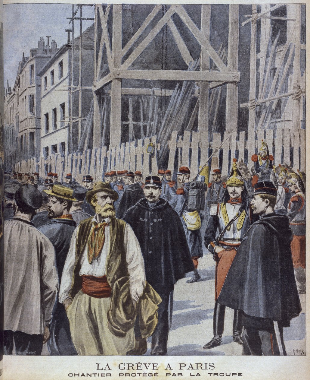 在巴黎罢工，建筑工地受到军队的保护，插图来自&39;Le Petit Journal&39;补充说明，1898年10月23日，由Henri Meyer（1844-91）雕刻 作者 PHGV米歇尔