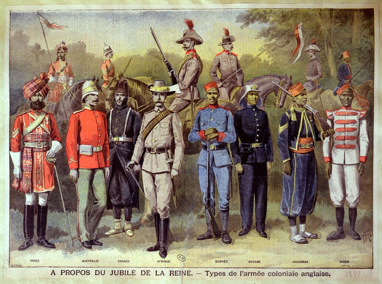 1883年6月21日，维多利亚女王禧年庆祝各自制服的英国殖民军队，1899年“Le Petit Journal”的插图 作者 PHGV米歇尔