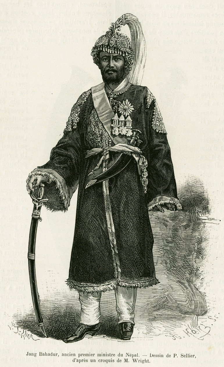 Jang Bahadur (1816-1877), Prime Minister of Nepal. Engraving by P.Sellier to illustrate the story Voyage au Nepal, by Dr. Gustave Le Bon (1841-1931), in le tour du monde 1886, directed by Edouard Charton (1807-1890), Hachette, Paris. 作者 P.（之后）Sellier