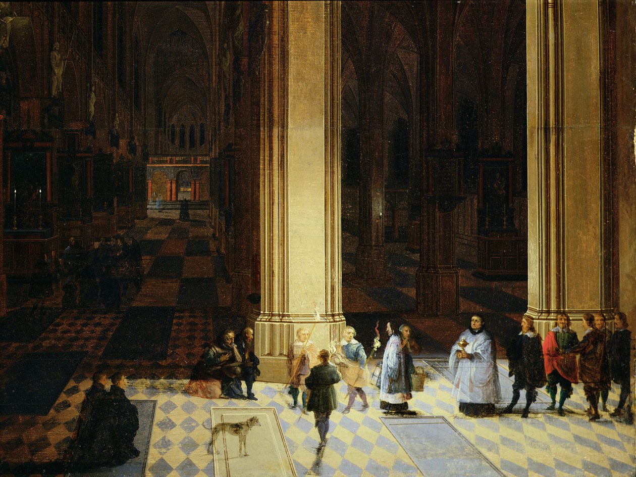安特卫普大教堂内部夜景，17 世纪中叶（油画板） 作者 老 P. 和小 P. Neeffs (1620-75)