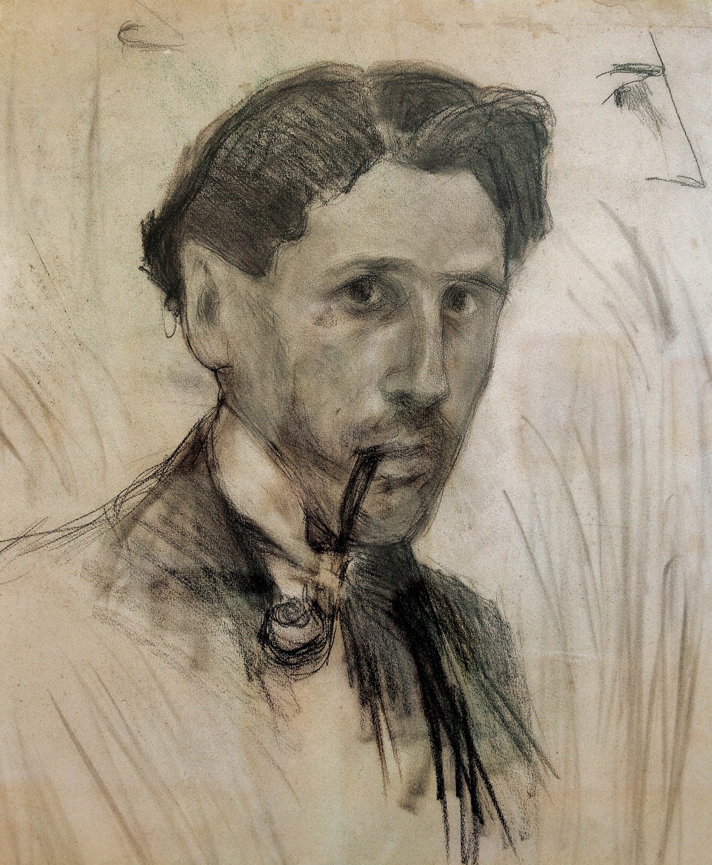 "Self-Portrait with a Pipe" Charcoal drawing by Pablo Gargallo (1881-1934). 1901 作者 帕勃罗·加加洛（Pablo Gargallo）