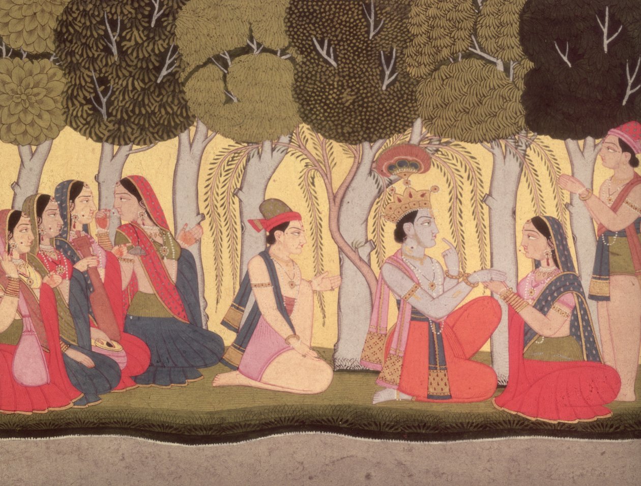 Radha和Krishna坐在一个小树林里，1790-1800 Kulu 作者 帕哈里学校