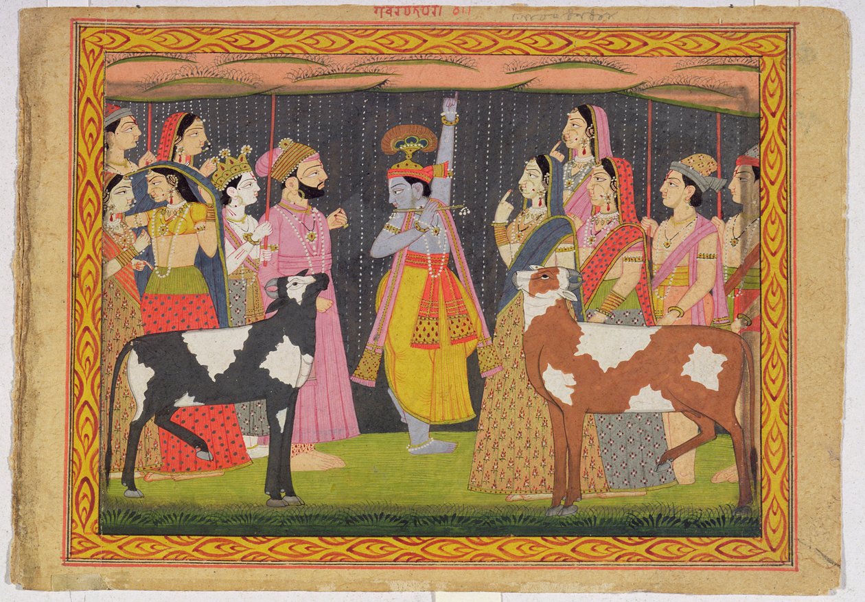 Krishna从1749年喜马偕尔邦Kulu的Bhagavata Purana上升起Govardhana山 作者 帕哈里学校
