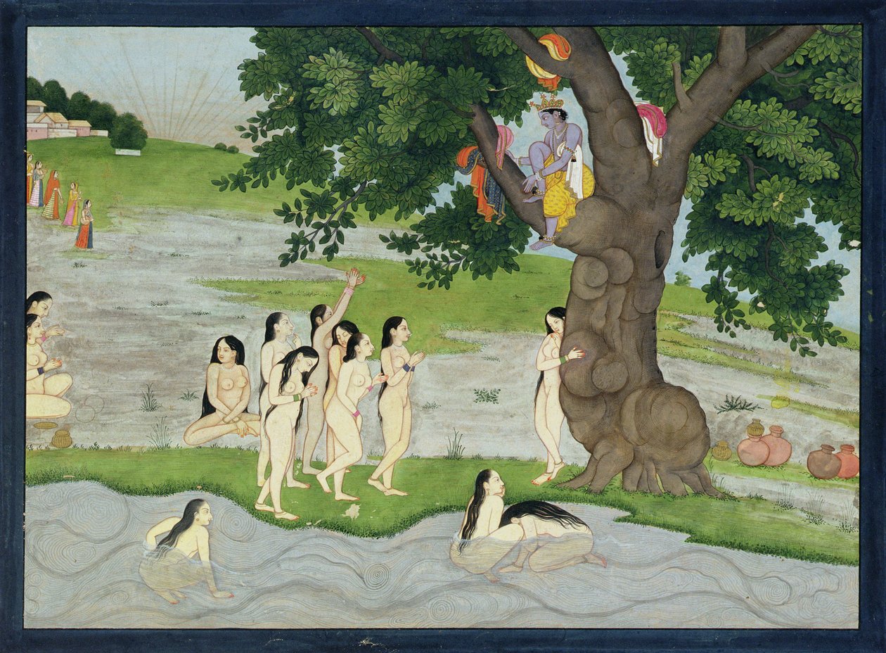 克里希纳偷走了Gopies的衣服，来自Bhagavata purana，Kangra，Himachal Pradesh，1780 作者 帕哈里学校